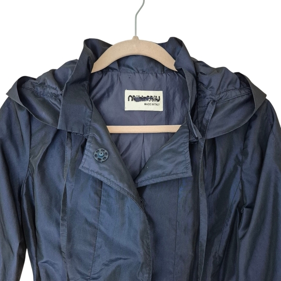 Miu Miu Navy Blue Hooded Belted Trench Coat Rain Jacket 3/4 Sleeve - Picture 4 of 11